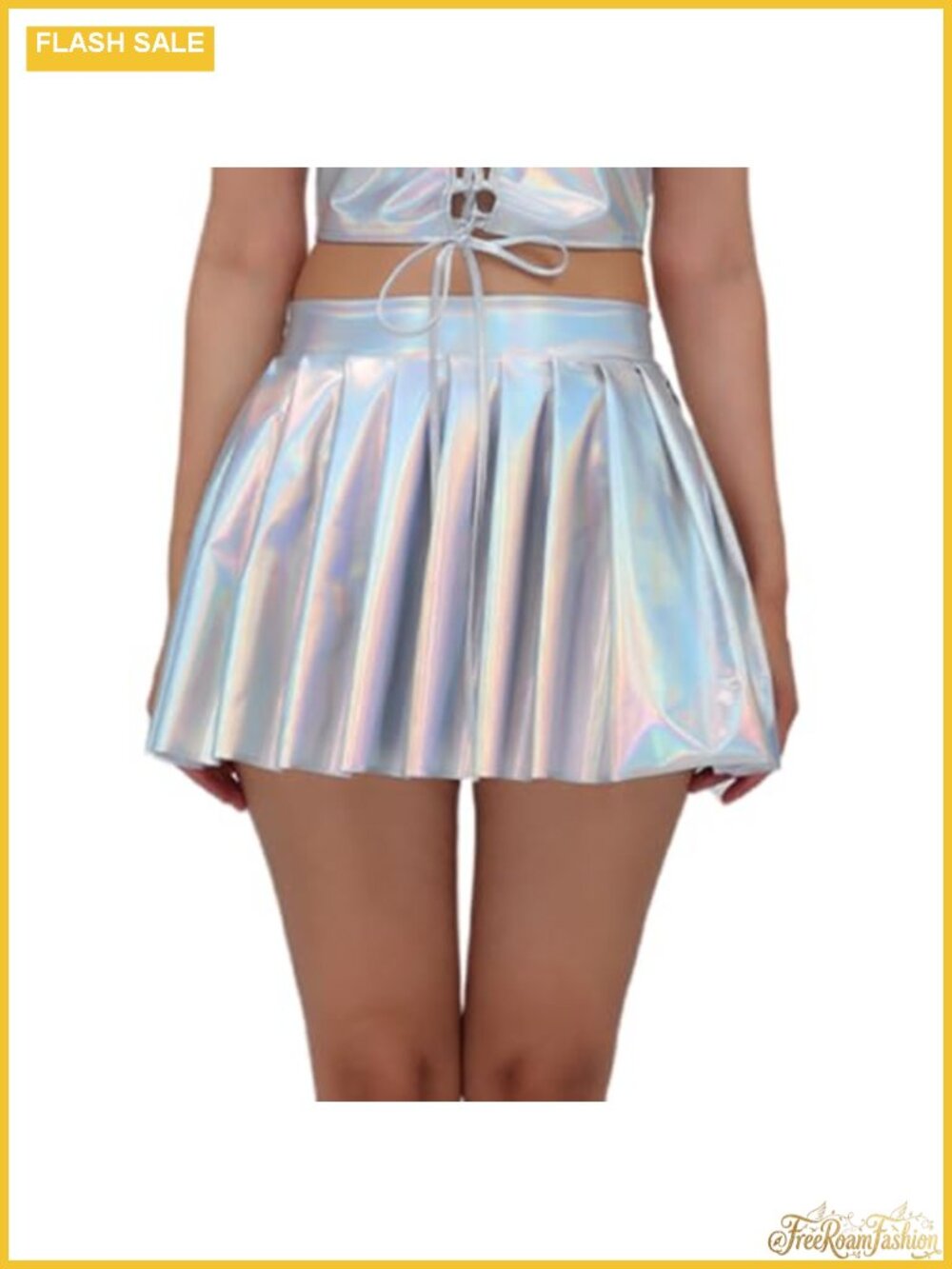Metallic Holographic Mini Skater Skirt High Waist Pleated Dance Skirt